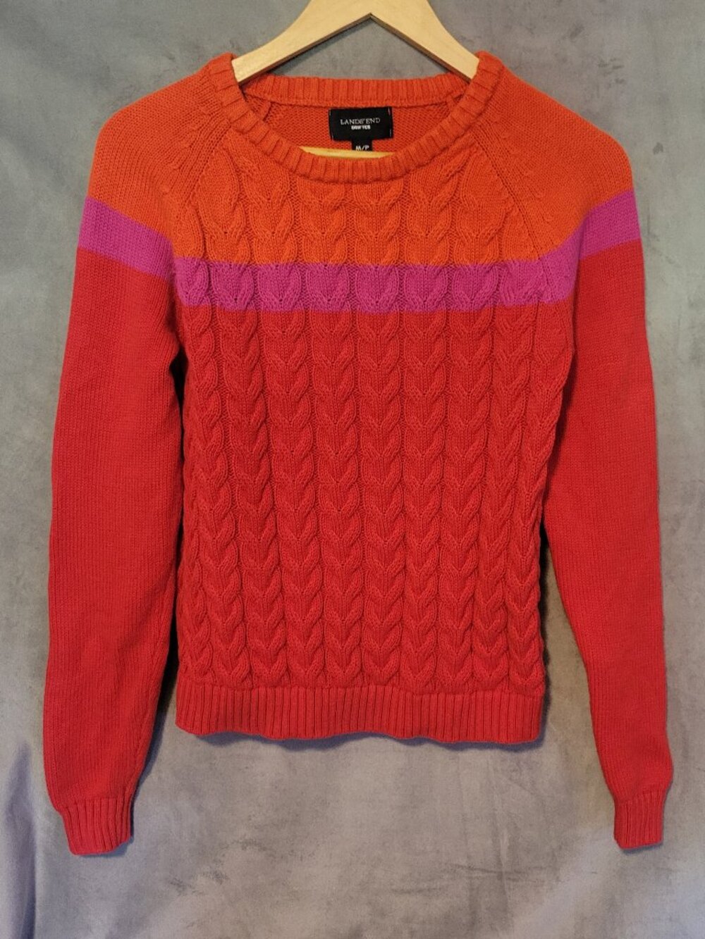 LANDS END Girls Medium 10-12 Cable Knit Sweater 100% Cotton Red Orange Pink